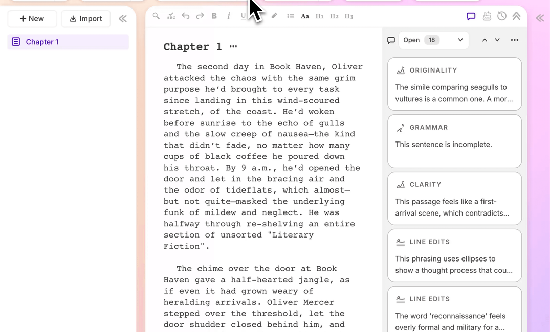 The Sudowrite editor with the Import button in the left bar and a chapter open